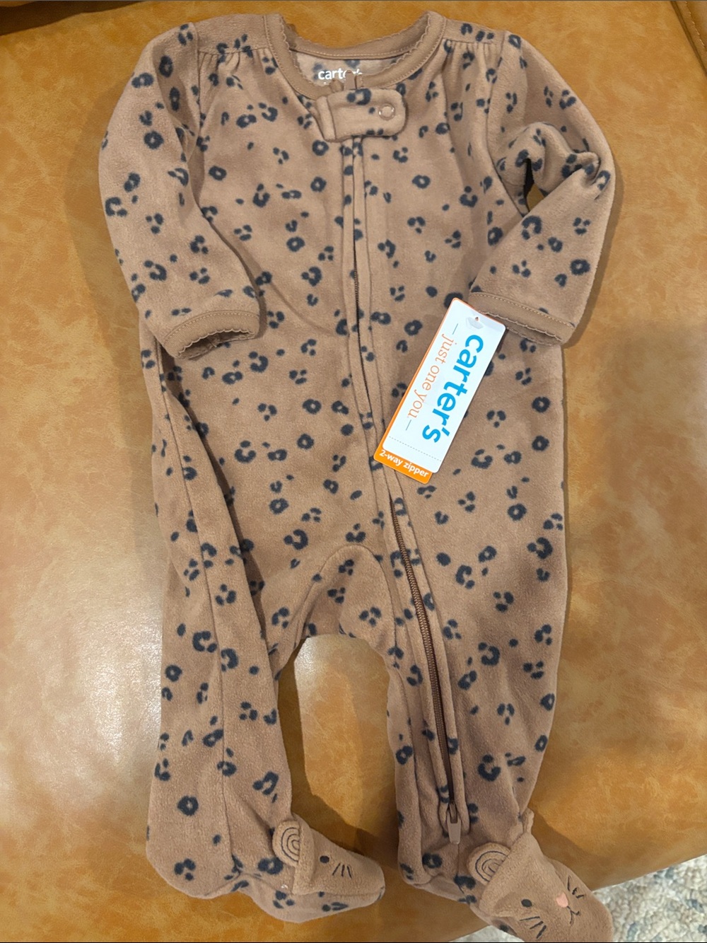 NEW! Carter's Tan Brown Leopard Print Fleece Footed One-Piece - Size 3 months